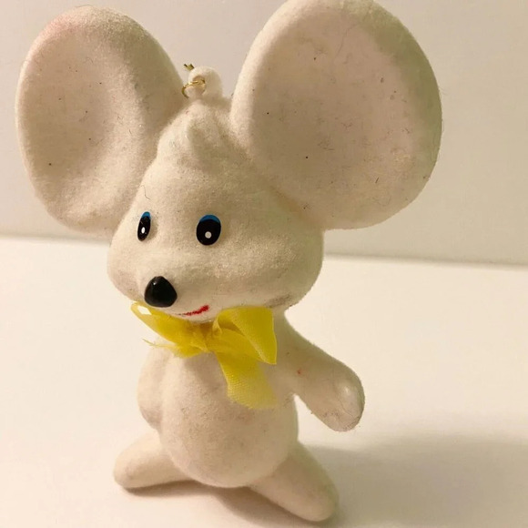 Vintage Flocked Mouse Christmas  Ornament Yellow Bow 3 Inch Tall Figure - Picture 2 of 11